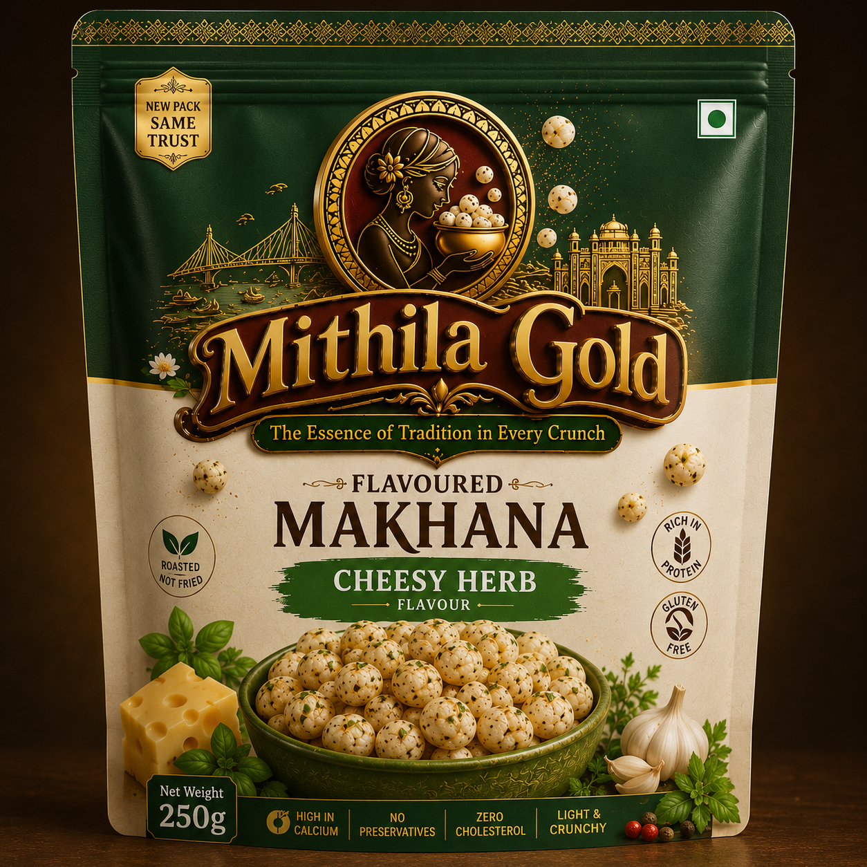 Mithila Gold Cheesy Herb Flavoured Makhana – Premium Crunchy Super Snack | 250g | ₹399